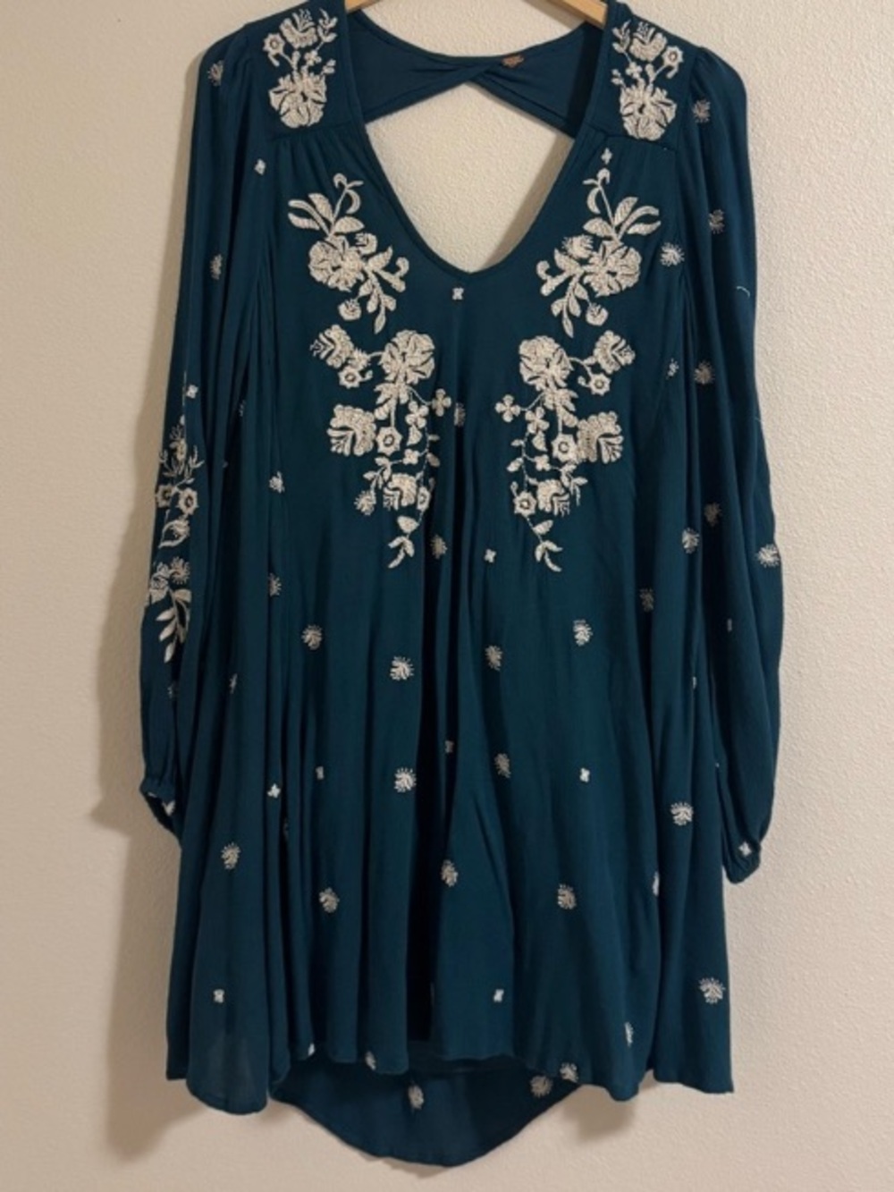 Free People Teal Floral Embroidered Open Back Boho Dress Tunic with Pockets